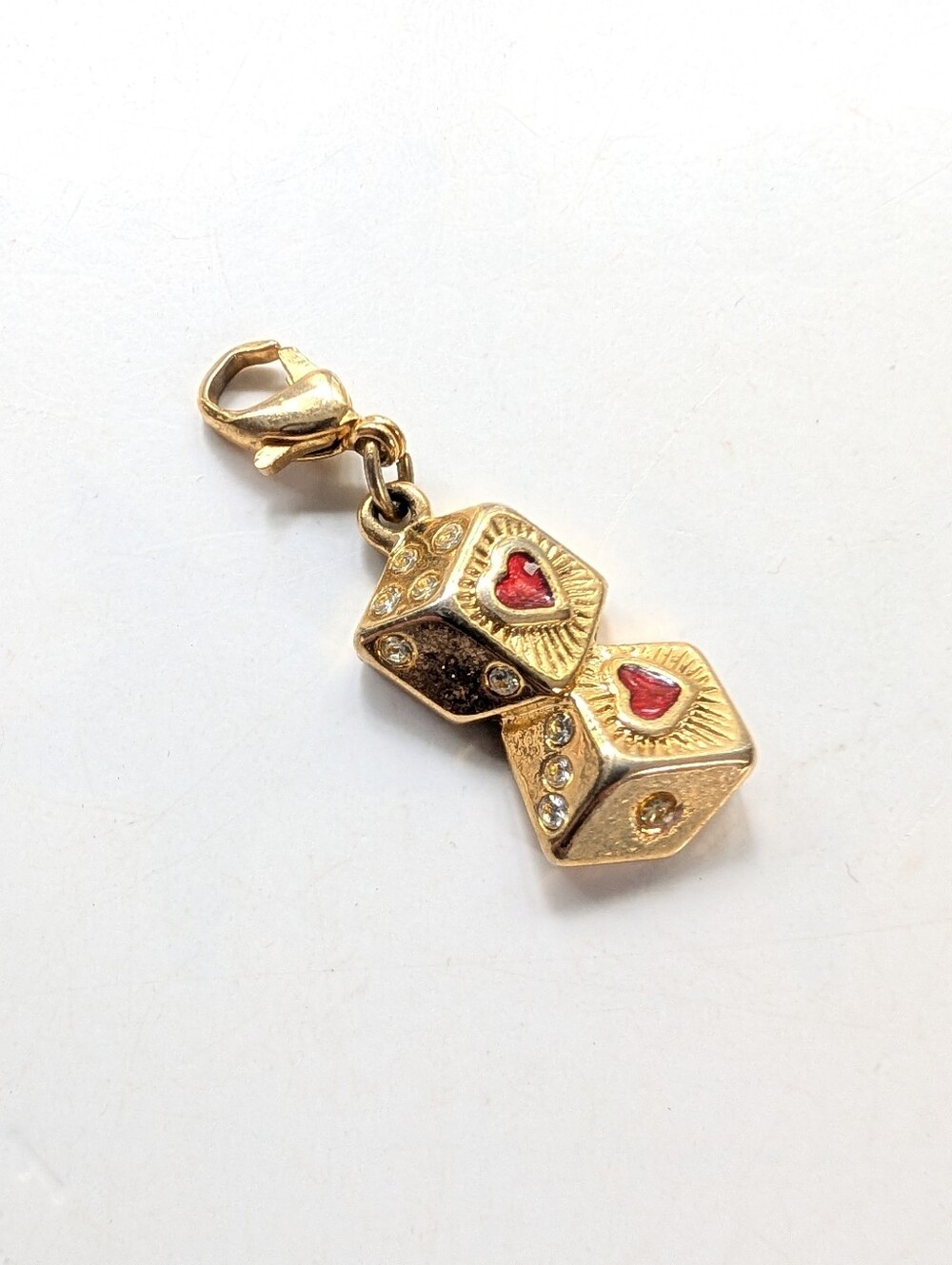 Vintage Gold Tone Rhinestone Enamel Las Vegas Good Luck Hearts Dice Charm